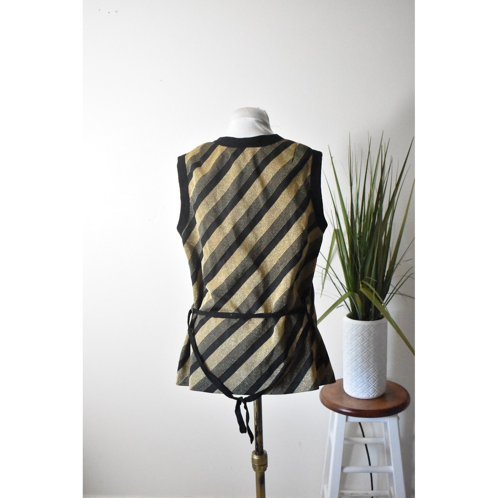 Leona Button Front Vest Women LGold Black 70s Metallic Stripe Finnish Design - Picture 4 of 8